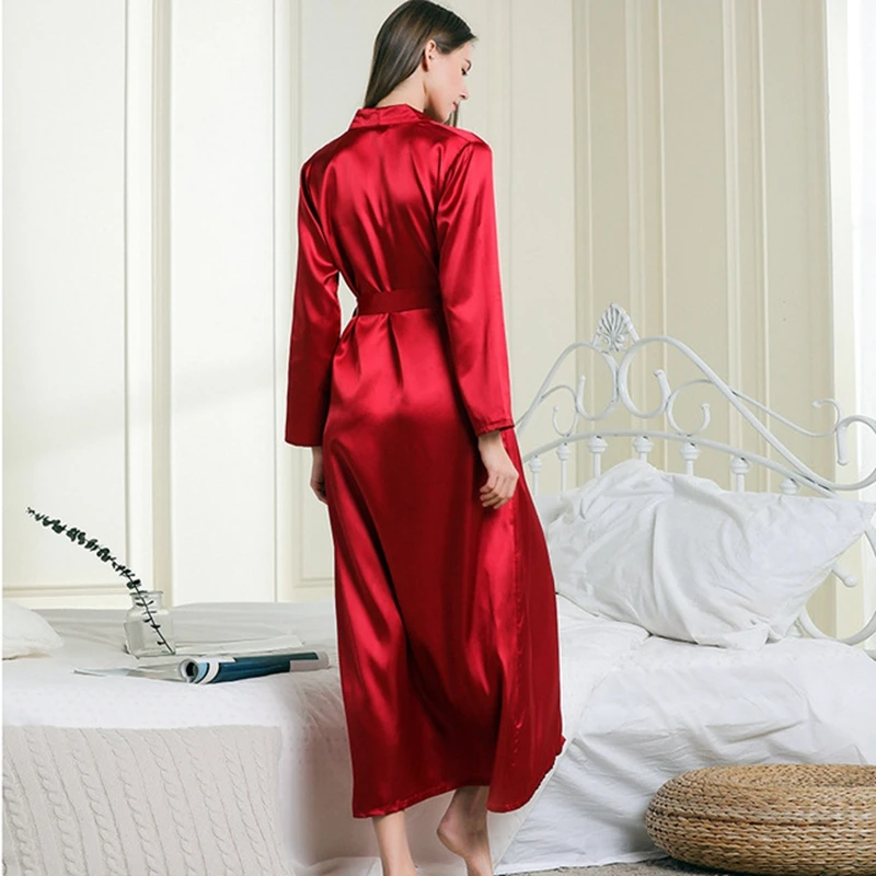 Red Pajamas For Women Sleepwear Female Simulated Silk Turn-collar Sleepwear Lace Sexy Sleepwear Bathrobe Home Clothing Long Robe