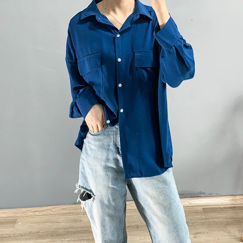 

Self left ---Female new autumn and spring Korean lazy style M-length long-sleeved bat-sleeve niche light solid color loose shirt