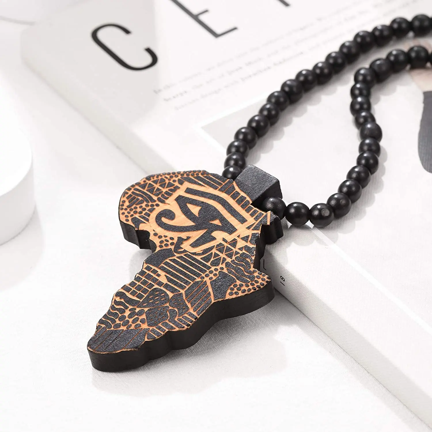 U7 Egyptian Eye African Map Pendant Necklace Wooden Hip Hop Jewelry 36\