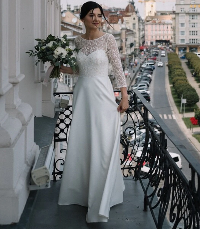 Vestido de noiva o-neck e laço, manga longa, comprimento até o chão, boho, praia, sem costas, vestido de casamento