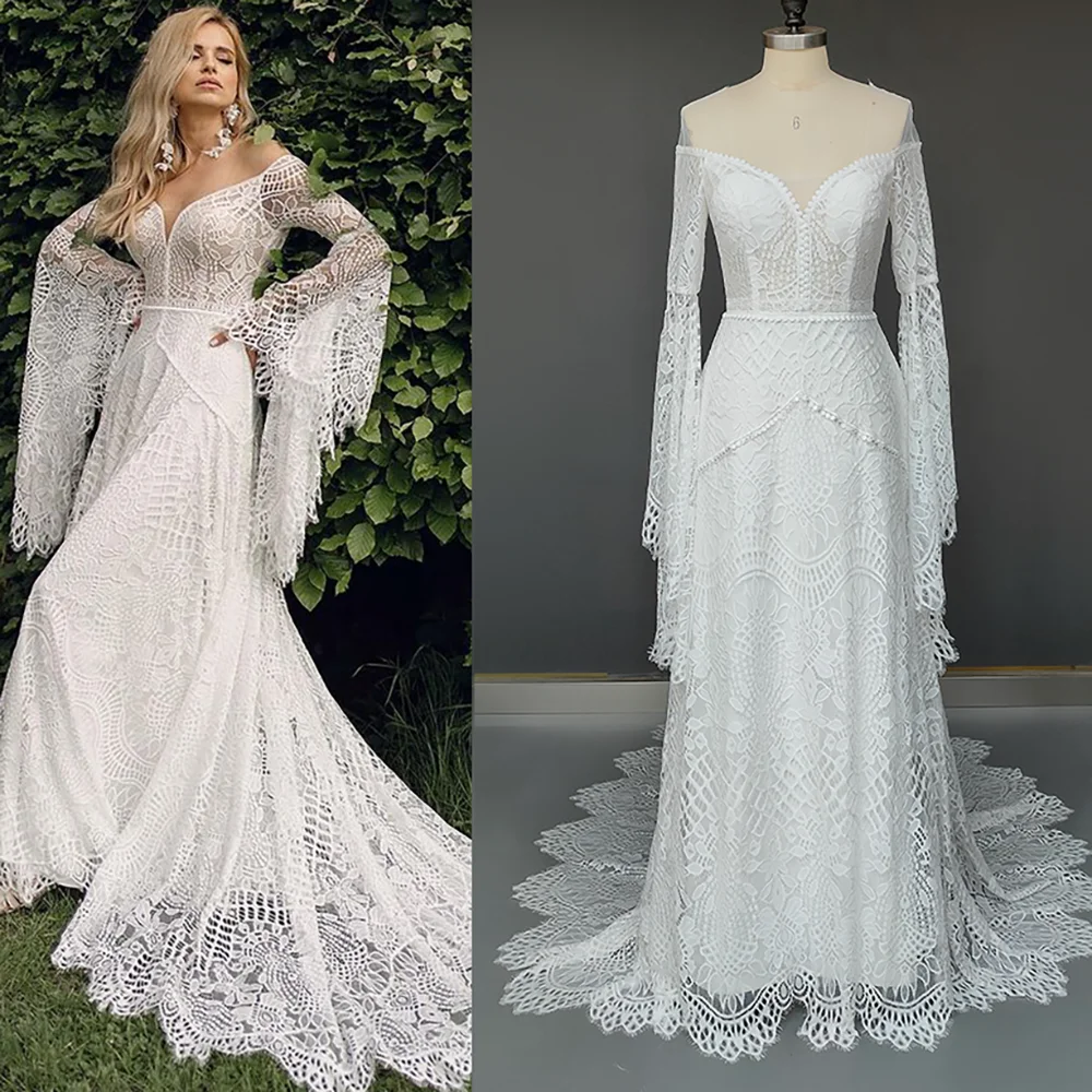 Robe de Mariée Rustique en Dentelle Style Boho, Manches sulfChauve-Souris, Romantique, Grande Taille, Personnalisée, Col en V, Dos Ouvert, Patients Sirène de Plage, Quelle que soit