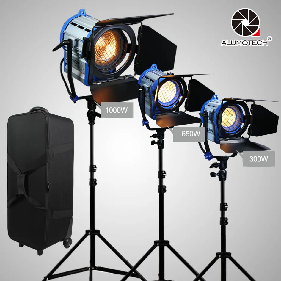 

ALUMOTECH Dimming 300W+650W+1000W Fresnel Tungsten Spot Light+Air Cushion Standx3+Soft Case Kit For Studio Film Photographic