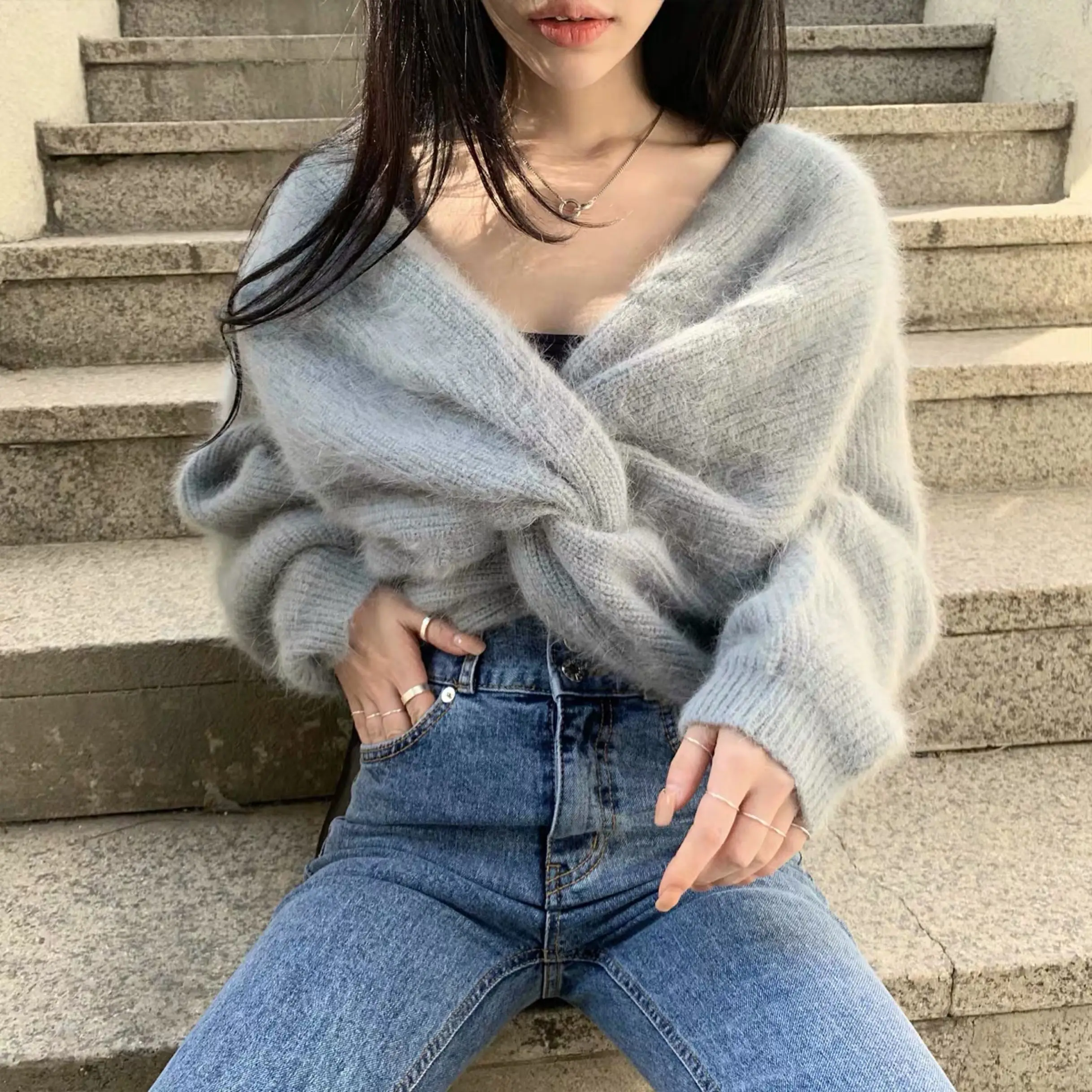 JSXDHK 2023 nuovo coreano Mik Cashmere spesso caldo Sweates autunno inverno croce Mohair sciolto lavorato a maglia pullover con scollo a V anteriore