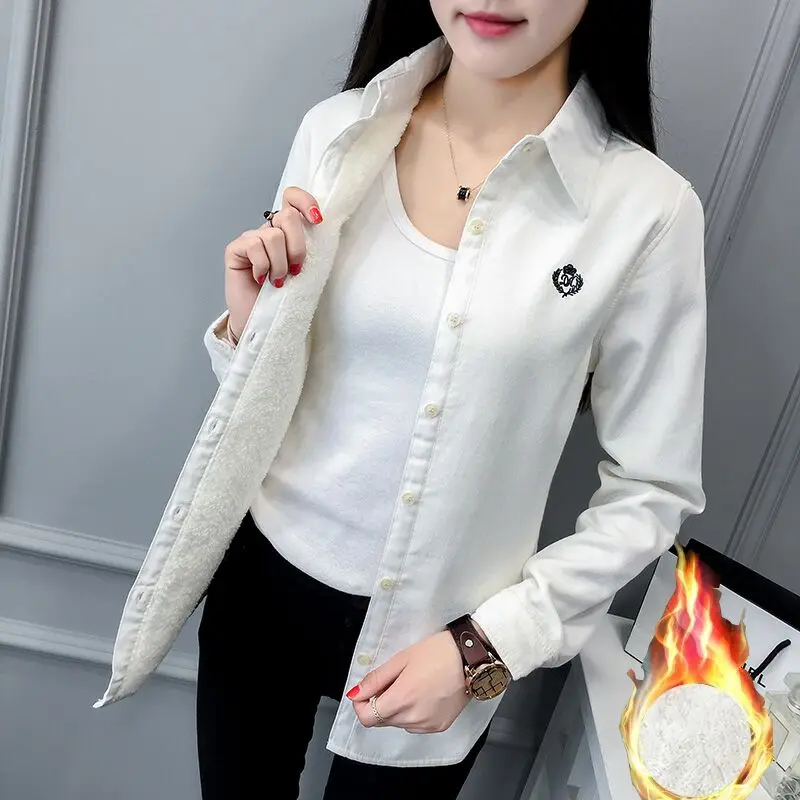 2024 Winter Velvet Thick Warm Women\'s Shirt Solid Female Long Sleeve Tops Winter Fleece Casual Check Blouse Autumn Clothes XXXL