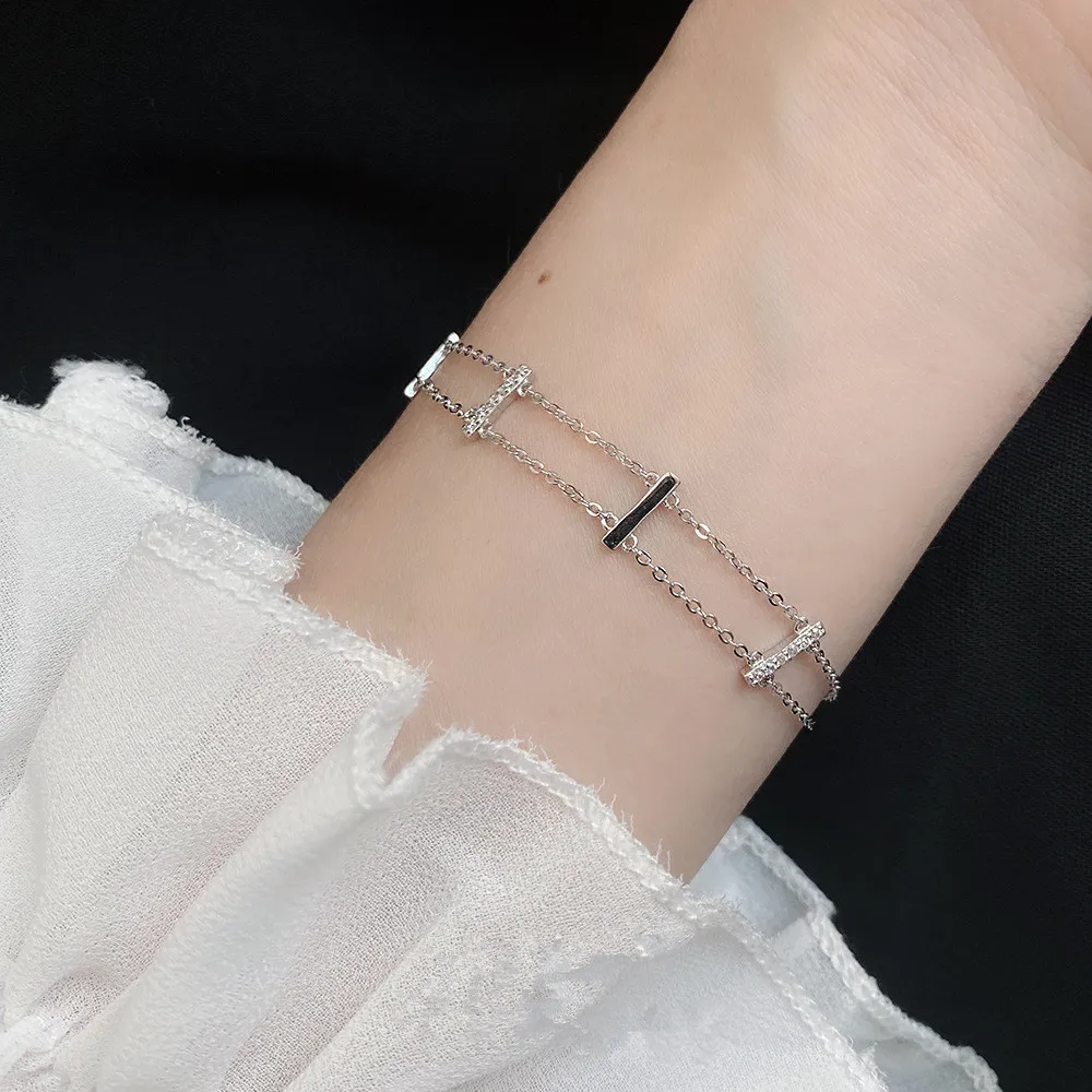 925 Sterling Silver Bohemian Fashion Creative Pavé Crystal Double-Layer Bracelet Women Beach Surfing Casual Jewelry Accessories