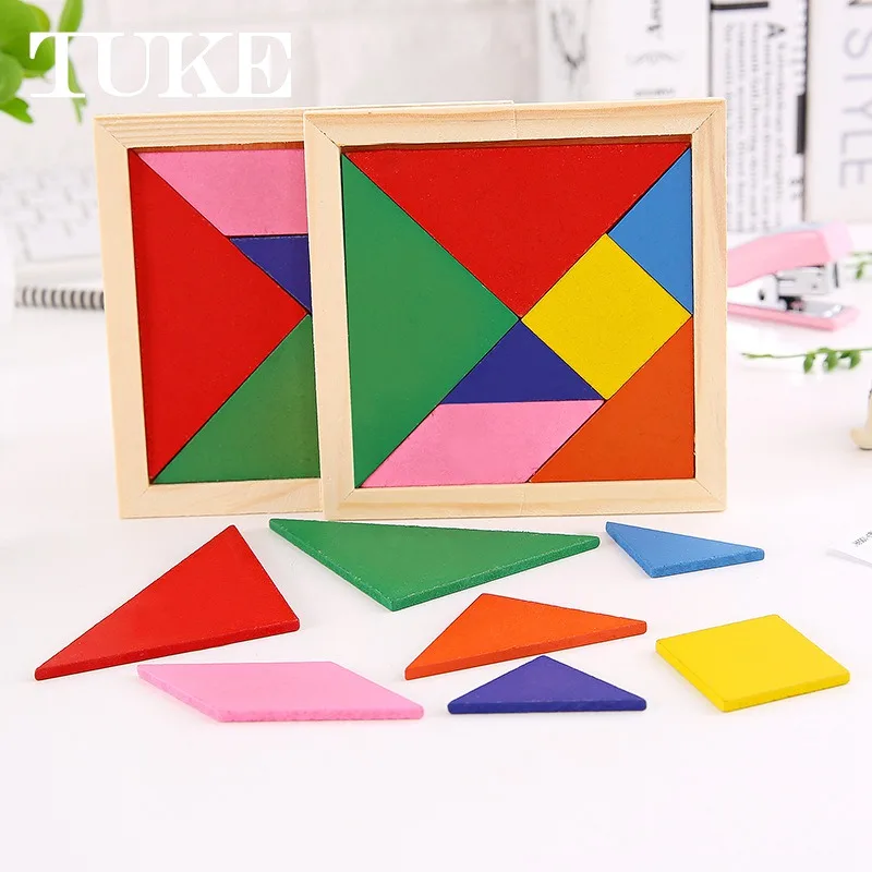 1 PCS Montessori Wooden Tangram 7 Piece Jigsaw Puzzle Colorful Square IQ Game Brain Teaser Intelligent Educational Toys for Kids