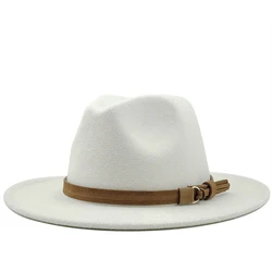 Simple Women Men Wool Fedora Hat With Leather Ribbon Gentleman Elegant Lady Wide Brim Jazz Church Panama Sombrero Cap 56-58-60CM