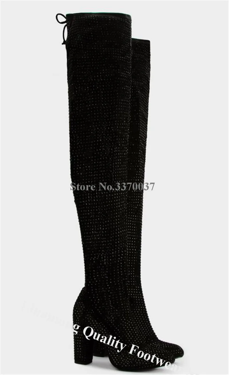 Linamong Bling Bling Black Rhinestone Chunky Heel Over Knee Boots Shining Thigh High Crystal Thick Heel Long Boots Club Shoes