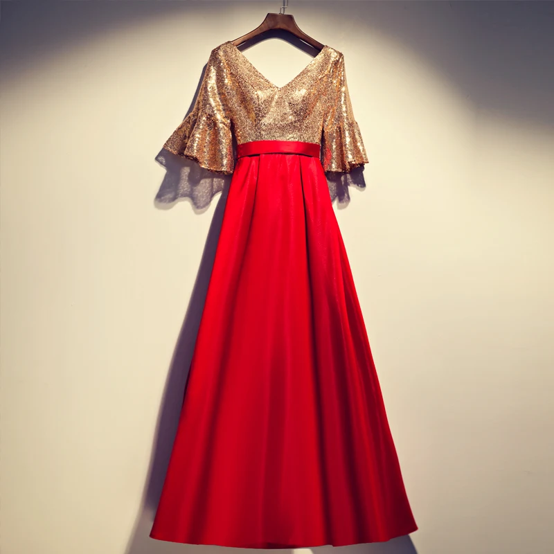 Vestido de noche Rojo Dorado, Media manga, a la moda, largo hasta el suelo, escote en V, talla grande, personalizado, con cordones, para baile de graduación, novedad de 2020