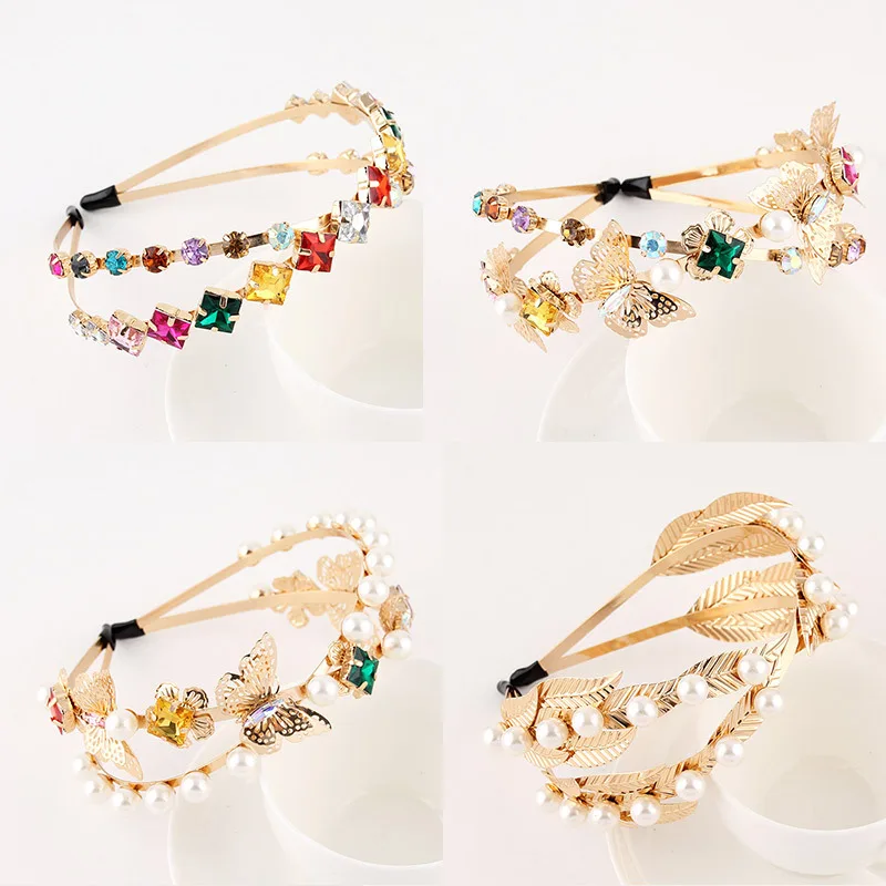 Crystal Flower Pearl Crossed Headband Wedding Hair Hoop Headwear Vintage Handmade Alloy Colorful Gem Headband Hairband Wholesale