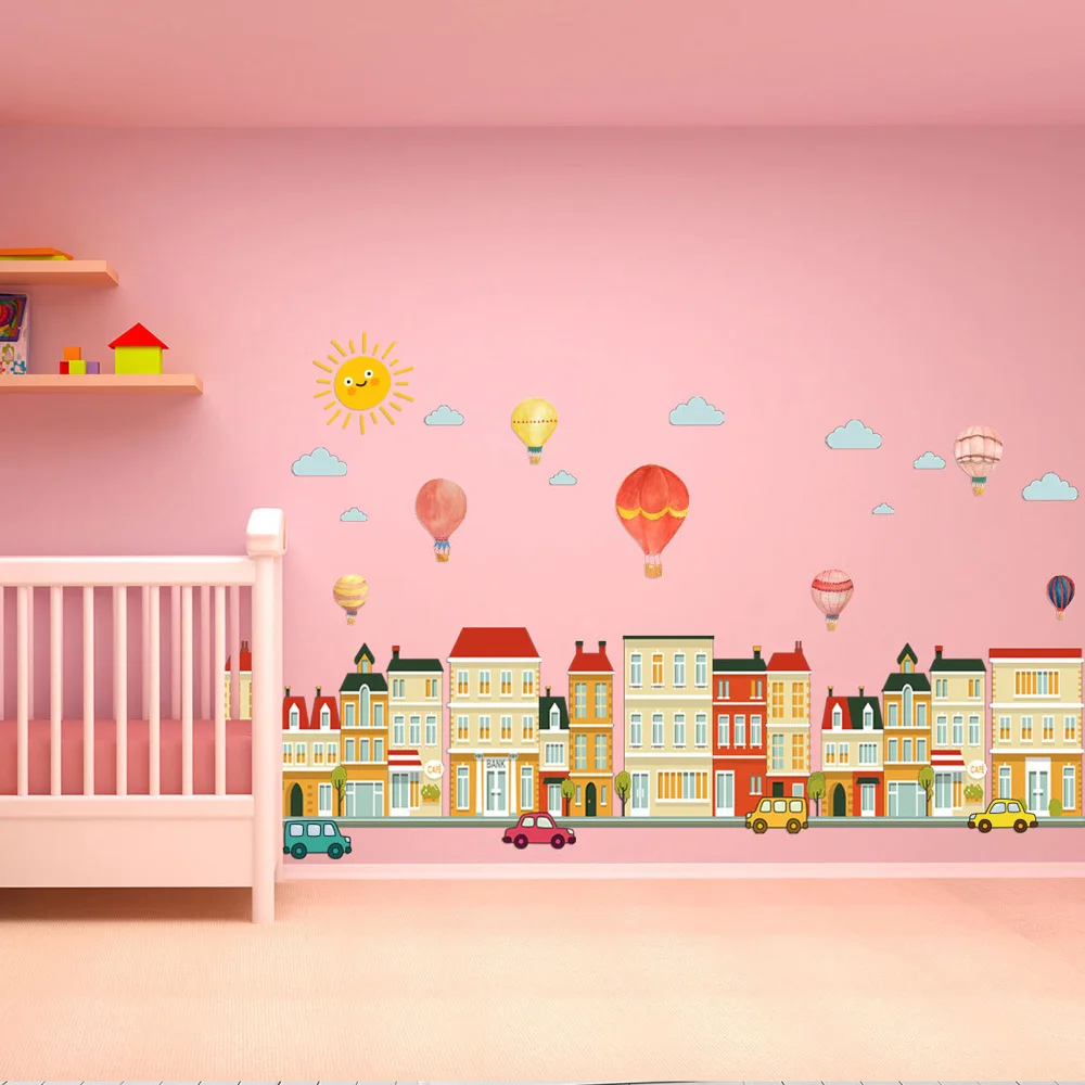 Building Car Hot Air Balloon Wall Sticker For Baby Rooms Bedroom Decorations Home Wallpaper Nursery Mural Kids Room Stickers