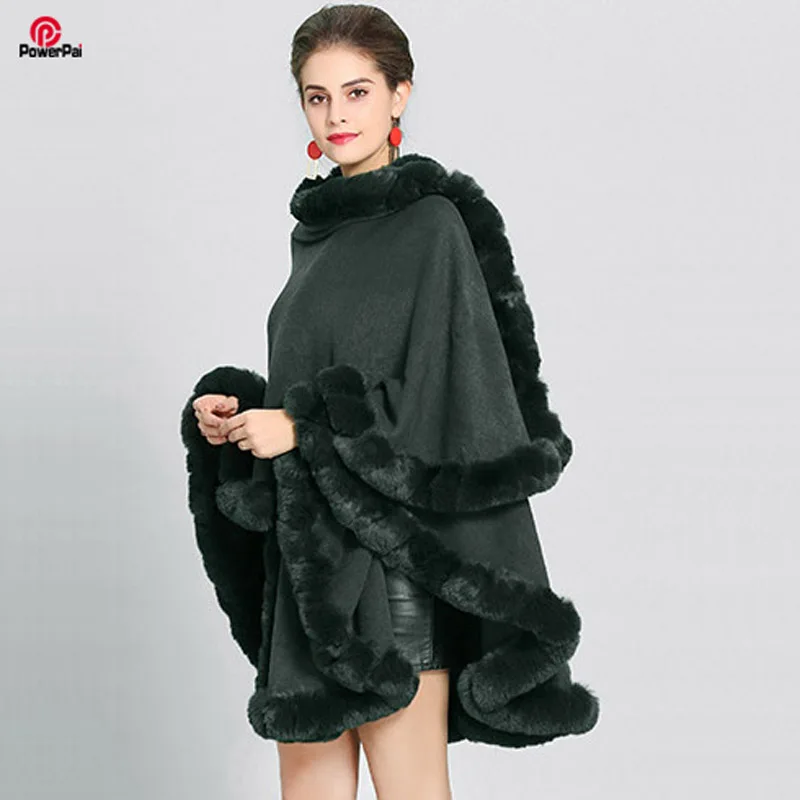 Fashion Handcraft Full Trim Faux Rex Rabbit Fur Cape Coat Loose Knit Cashmere Cloak Shawl Women Fall Winter New Pallium Outwear