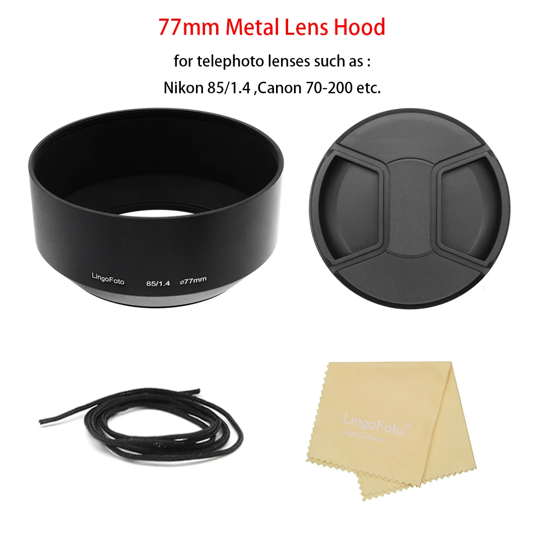 

77mm Metal Screw-in Lens Hood with 95mm Center-pinched Lens Cap for Nikon 85/1.4 lens etc., telephoto lens hood