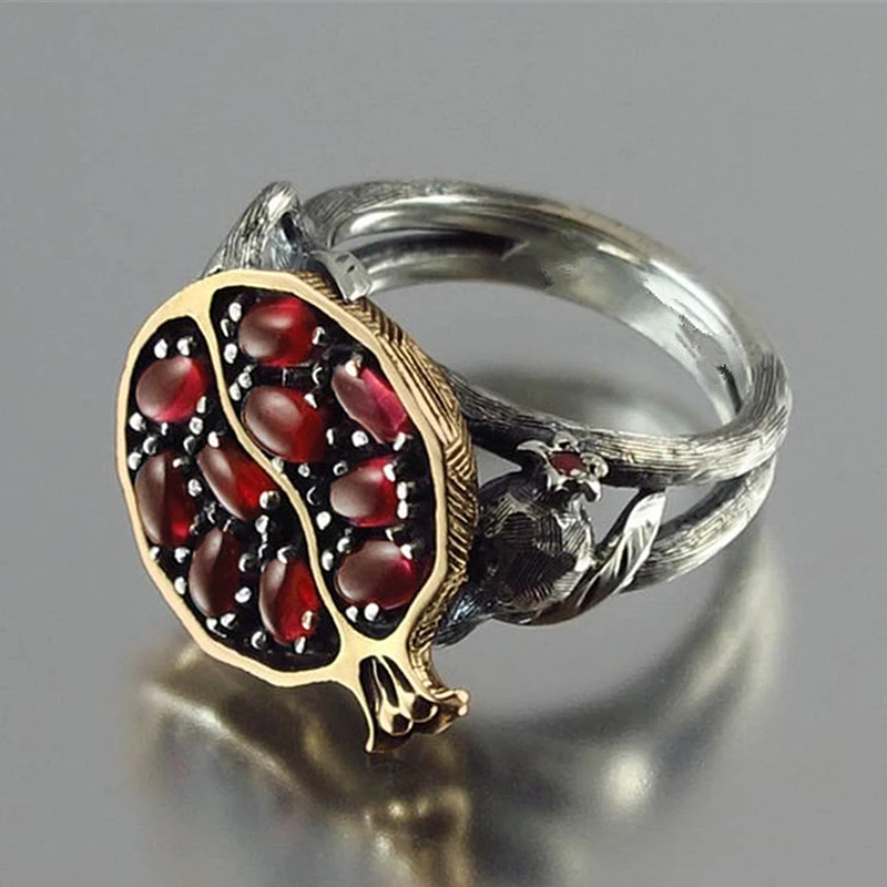 Vintage Fruit Red Pomegranate Stone Ring Garnet Tree Vine Fashion Boho Jewelry Personality Finger Silver Color Gifts O5S600