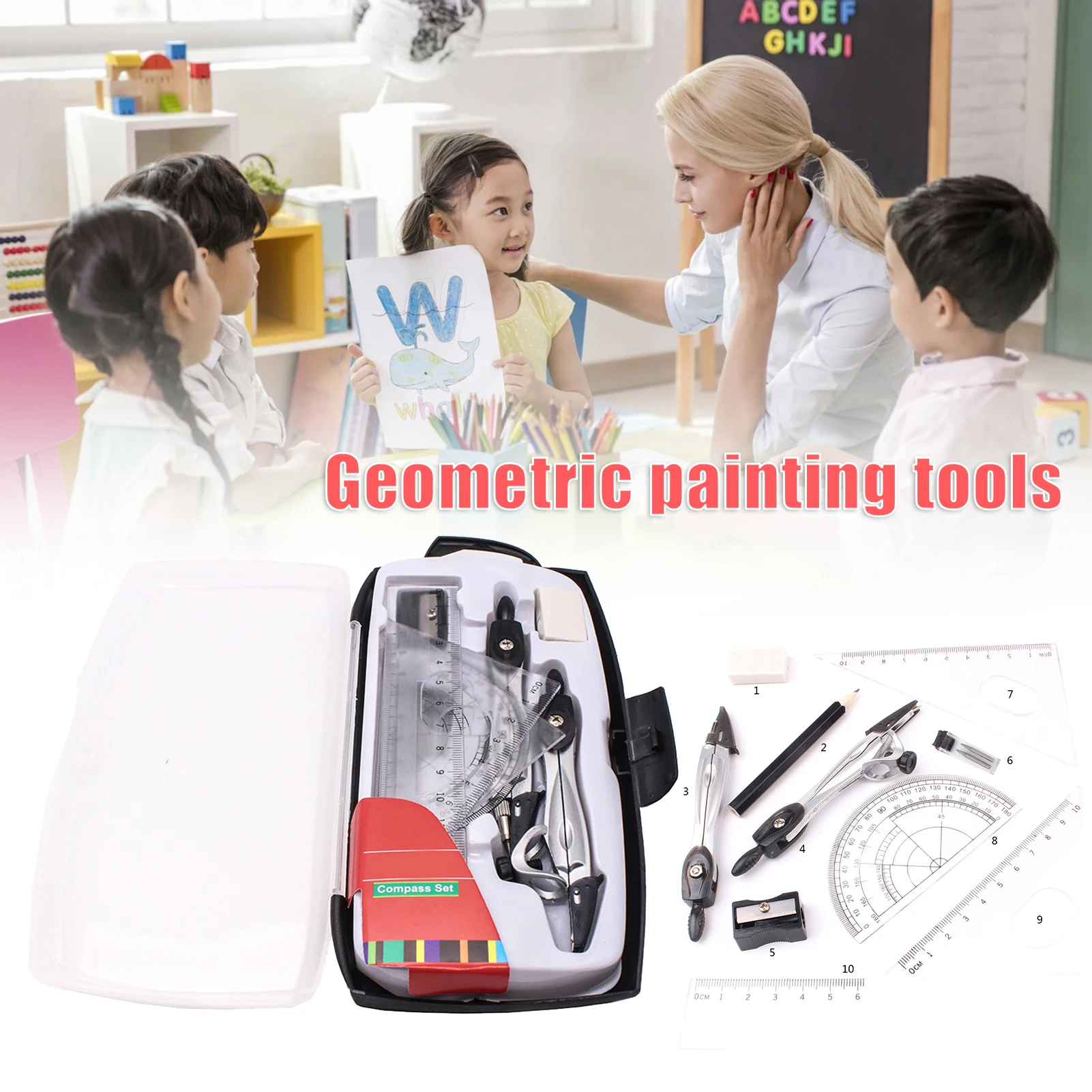 10pcs Geometry Kit Geometry Protractor for Drawing Eraser Compasses Set Math Eraser Ruler For Students