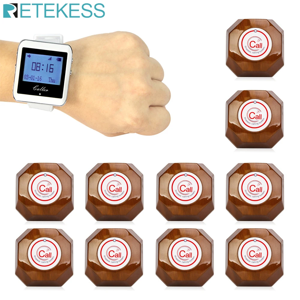 RETEKESS Wireless Calling System Watch Receiver+10Pcs T133 Call Buttons Restaurant Pager Waiter Customer For Cafe Bar Game Hall