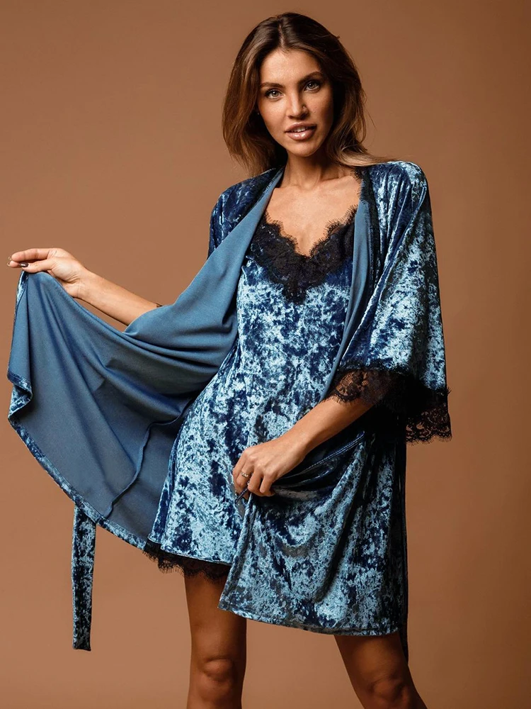 Lace Patchwork Women's Pajamas Night Dress Women Robe Pajama Sets Velour Nightgowns Bathrobes Set Woman 2 Pieces Velvet Roomware