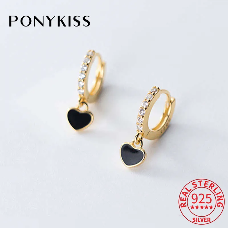 PONYKISS Romantic S925 Sterling Silver Black Heart Zircon Minimlist Hoop Earrings Women Party Fine Jewelry Accessory chic Gift