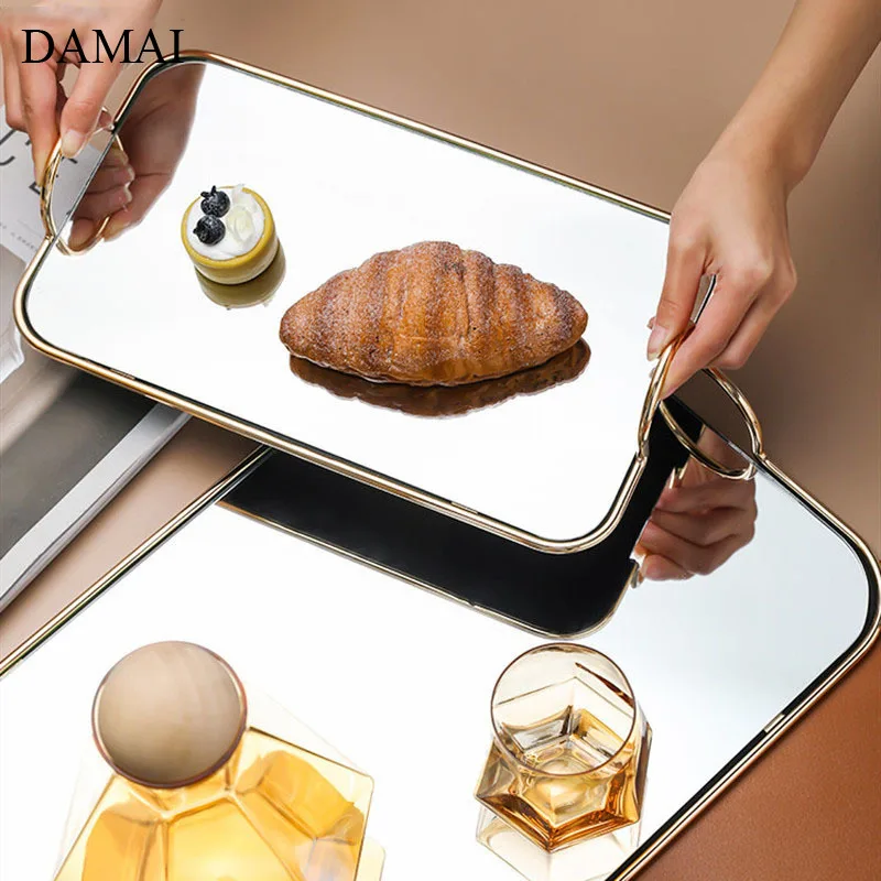 

Golden Stroke Mirror Trays Cake Dessert Rectangular Storage Tray Binaural Handle Living Room Desktop Store Decorative Plate