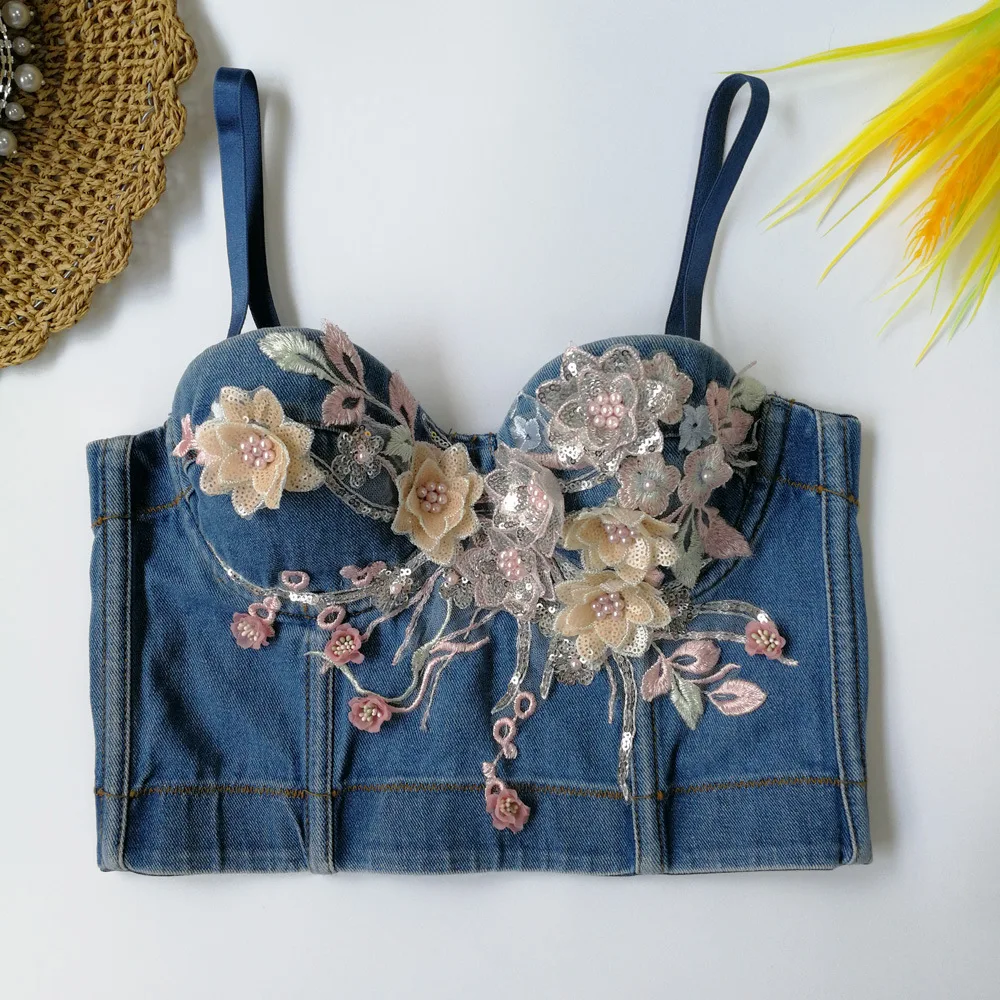 

Original Design Denim Camisole Outer Wear For Women 3D Flower Beading Crop Top Push Up Bustier Bra Hot Girl Tube Top Y1442