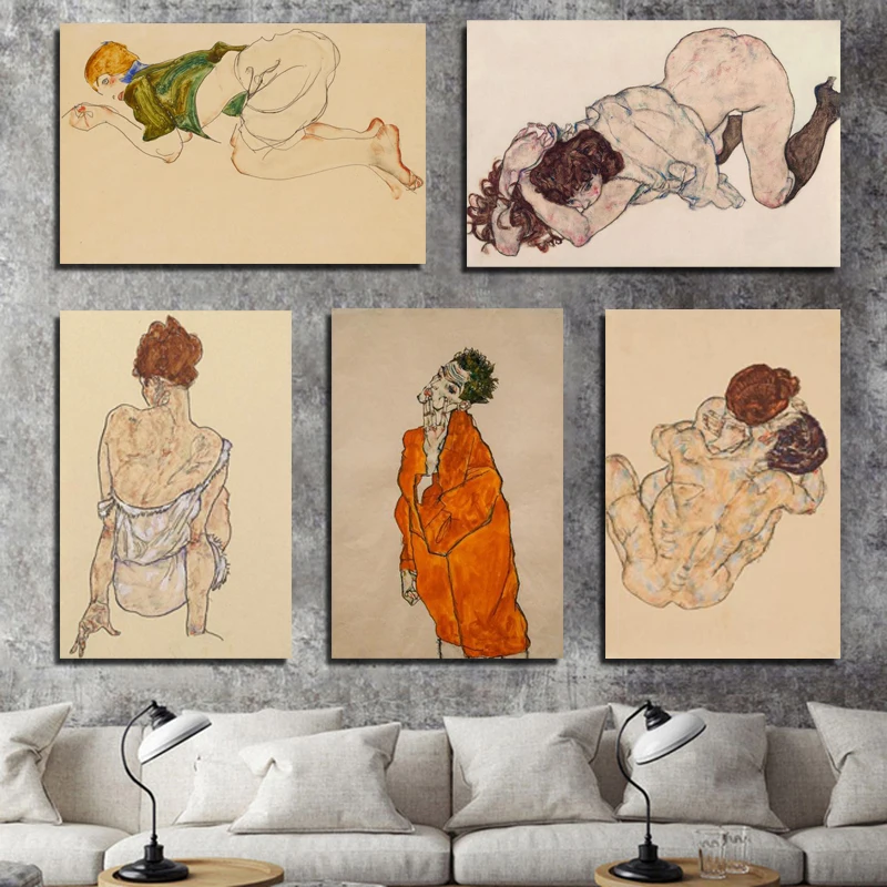 

Print Canvas Egon Schiele Home Decor Wall Art Expressionism Painting Modular Retro Poster HD Modern Character Picture Bedroom