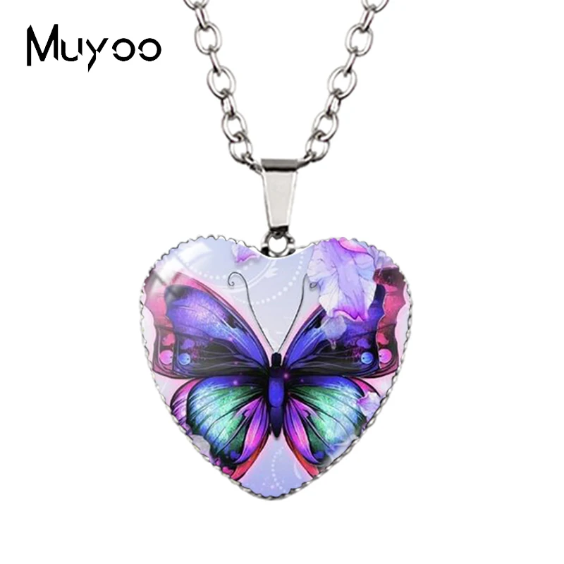 New Arrival Purple Blue Colorful Butterflies with Flower Heart Handcraft Jewelry Pendants Magical Butterfly Heart Necklace HZ3