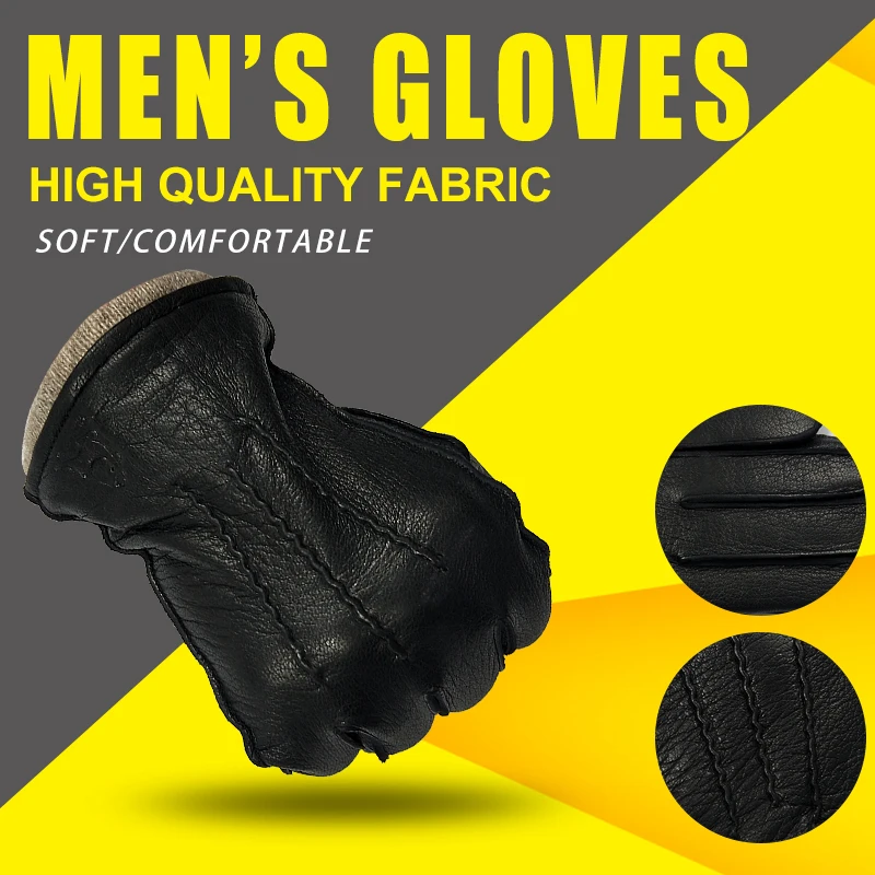 CHING YUN winter men's deerskin gloves buckskin men's warm and soft External suture men's black gloves 70% wool lining