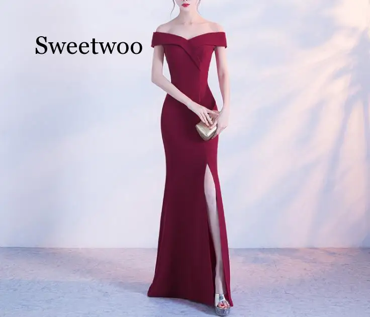 

Off Shoulder Burgundy DressParty Long Zipper Bridal Dresses slit Robe De Soiree