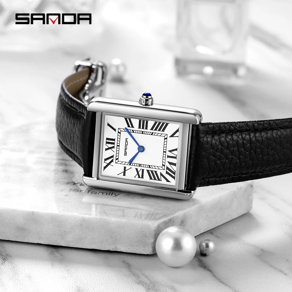 Sanda Rectangular Wrist Watches for Women Silver Case Ladies Watches Luxury Brand Leather Band Quartz Clock zegarek damski 1108