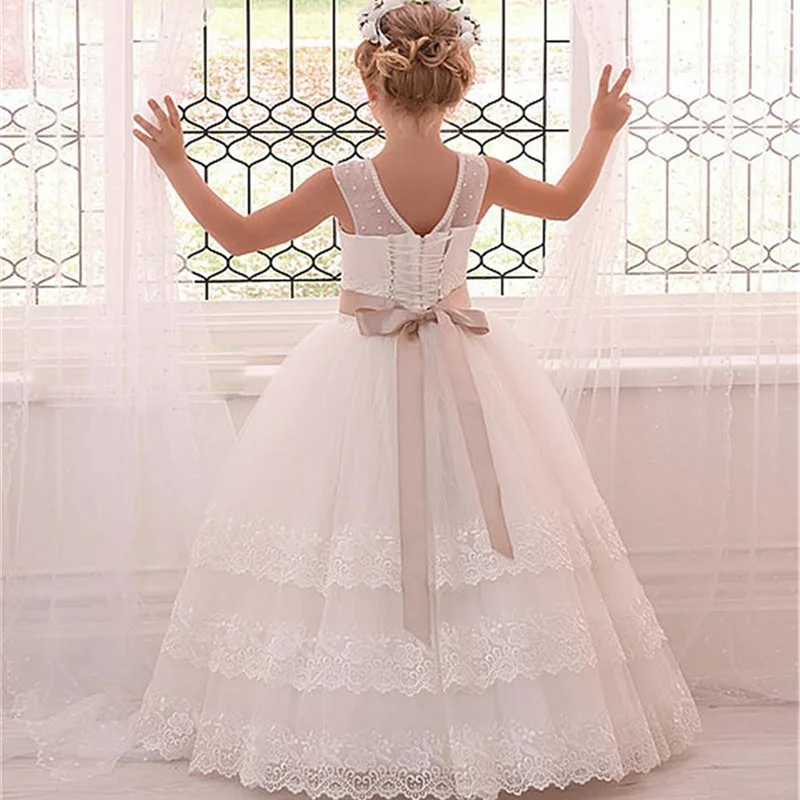 White Ivory  Arrival Flower Girls Dresses for Wedding Lace Girls Birthday Gown Christmas Girl Dress Custom Made