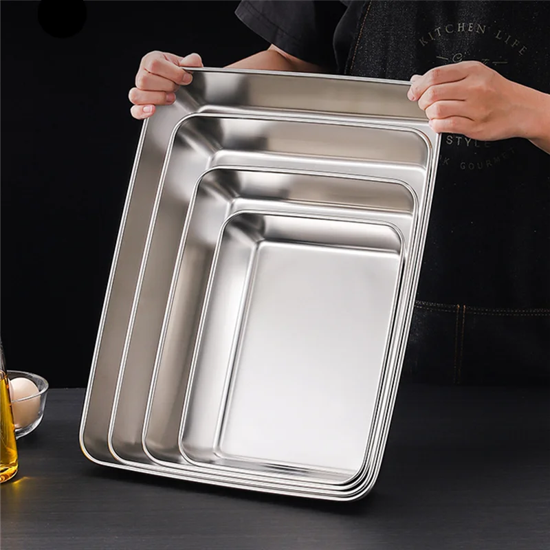 Stainless Steel Rectangular Bakeware Nonstick Pans Fruit Bread Food Storage Trays Plate Kitchen Deep Steamed Dish Baking Tools