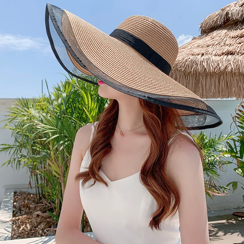 S09 Straw hat Summer New Style Black Mesh Female Summer Sunscreen Cover Seaside Vacation Holiday Foldable Beach Hat Sun Visor