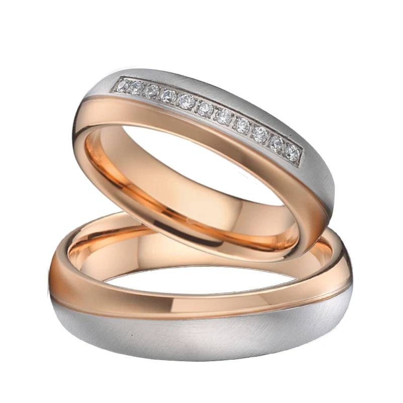 Anillos de boda de oro rosa y plata para mujeres y hombres, Alianza de Amor, aniversario, promesa de matrimonio, Ringe con circonita cúbica