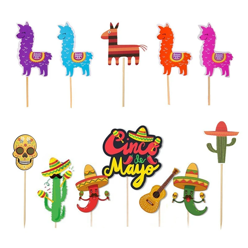 1Set Mexican Festival Alpaca Cactus Cupcake Topper Cactus Donkey Bachelorette Party Decoration Summer Wedding Birthday Supplies