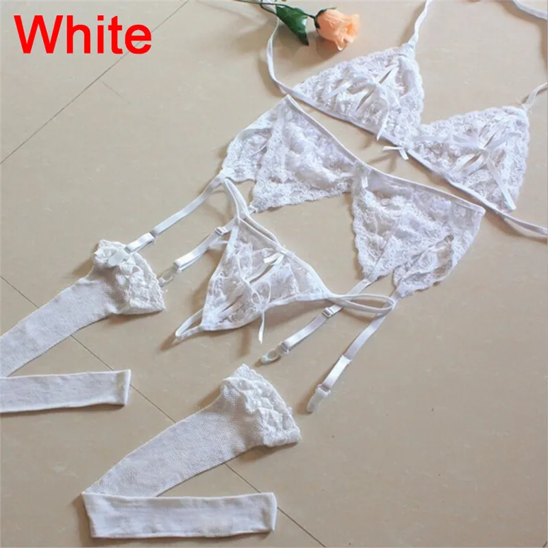 (1 Set=4pcs) Lace Floral Top Sexy Hollow Bra+Floral Garter Belt Suspenders+Thong Underwear+High Stockings Fishnet