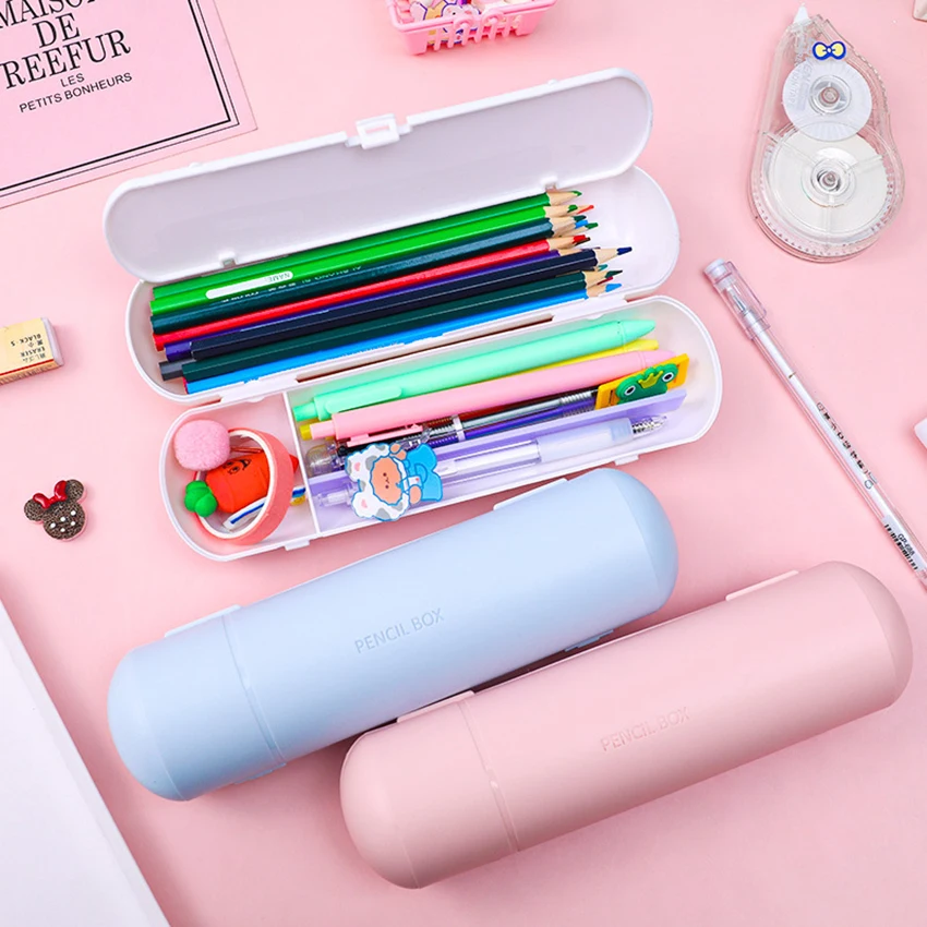 Pencil Cases Stationery Box Round Large-capacity Double-layer Pencil Case for School Supplies Storage Cylindrical Pen Holder