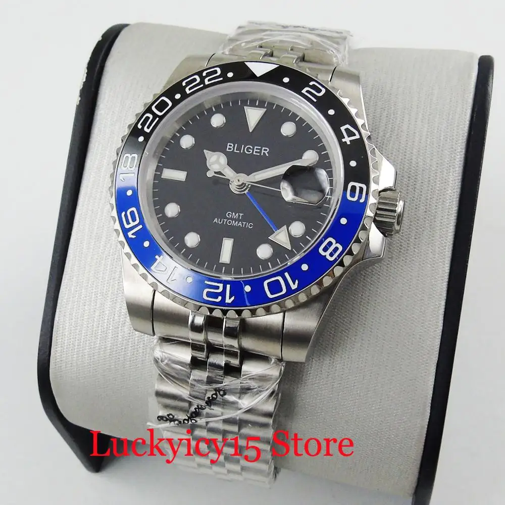 

BLIGER Fashional 40mm Auto Men Watch Automatic Movement GMT Hand Jubilee Strap Blue Black Bezel