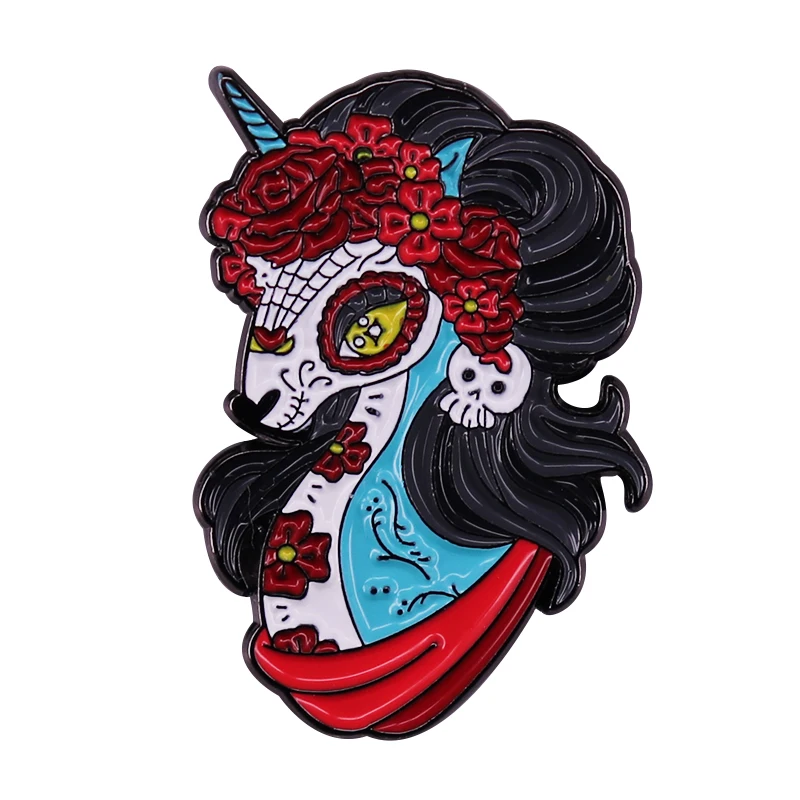 Magic Sugar Skull Unicorn Badge Pin Beautiful Fantasy Mythical Pegasus Horse Lady Brooch Mexican Day of The Dead Festival Jewery