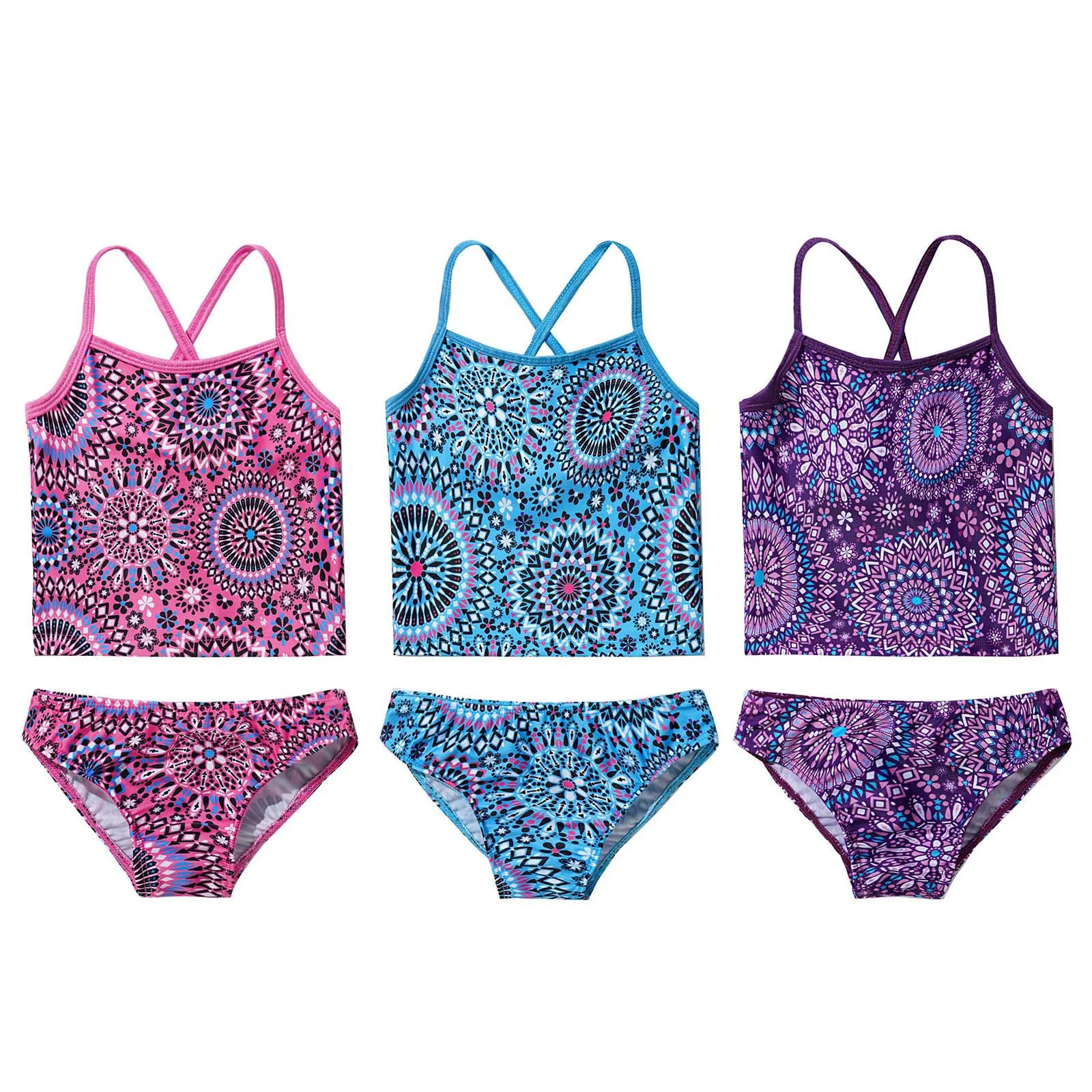 Kids Girls Summer Swimsuit Printed Children Two Piece Bathing Suit Tank Tops And Briefs Set Beach Bikini Swimwear 3-14 Years