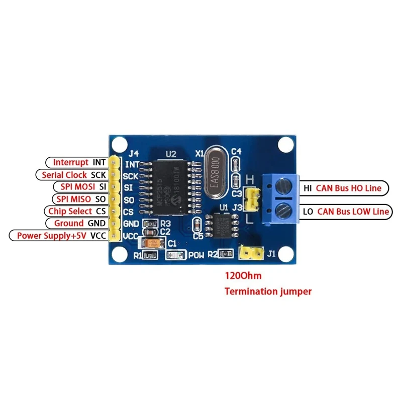 Imagem -02 - Pode Bus Módulo Tja1050 Receptor Spi Módulo Compatível com Arduino Raspberry pi Peças Mcp2515