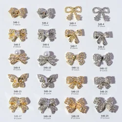 2Pcs Nail Art Jewelry Pendant Zircon Bowtie Shaped 3D Charms Gold Silver Super Shiny Metal Bow Gems For Nail Art Decoration
