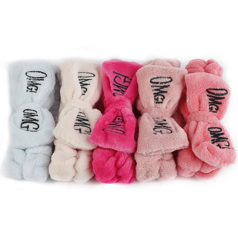 Colorful Women Bow Hair Band Fashion OMG Letters Wash Face Headband Girls Headwear Hairbands Coral Fleece Hair Accessorie W1001