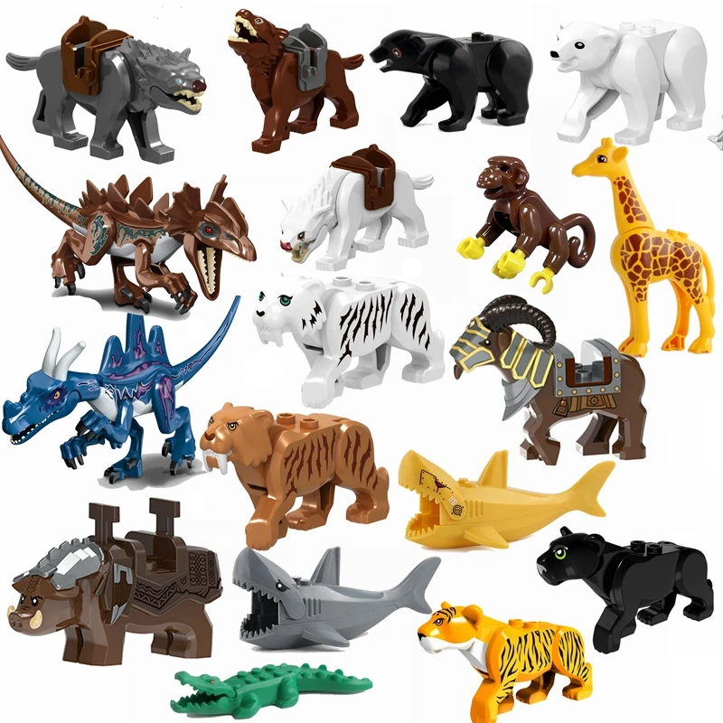 Animals Figures Dinosaurs Tiger Shark Wolf Monkey Giraffe Dinosaur Figure Model Building Blocks Toys for Children Kids Gifts