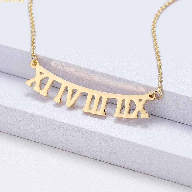 

Personalized Couple Names Charm Necklaces Custom Roman Numeral Date Greek Letters Hollow Bar Necklace Handmade Jewelry for Women