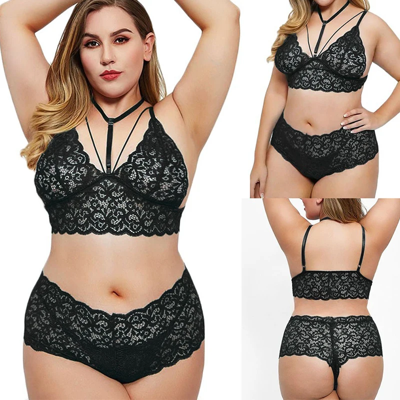 

Underwear set Lingerie Women Sexy Plus Size Hollow Lace Wireless Bra Briefs Set Valentine's Day Underwear 2PC