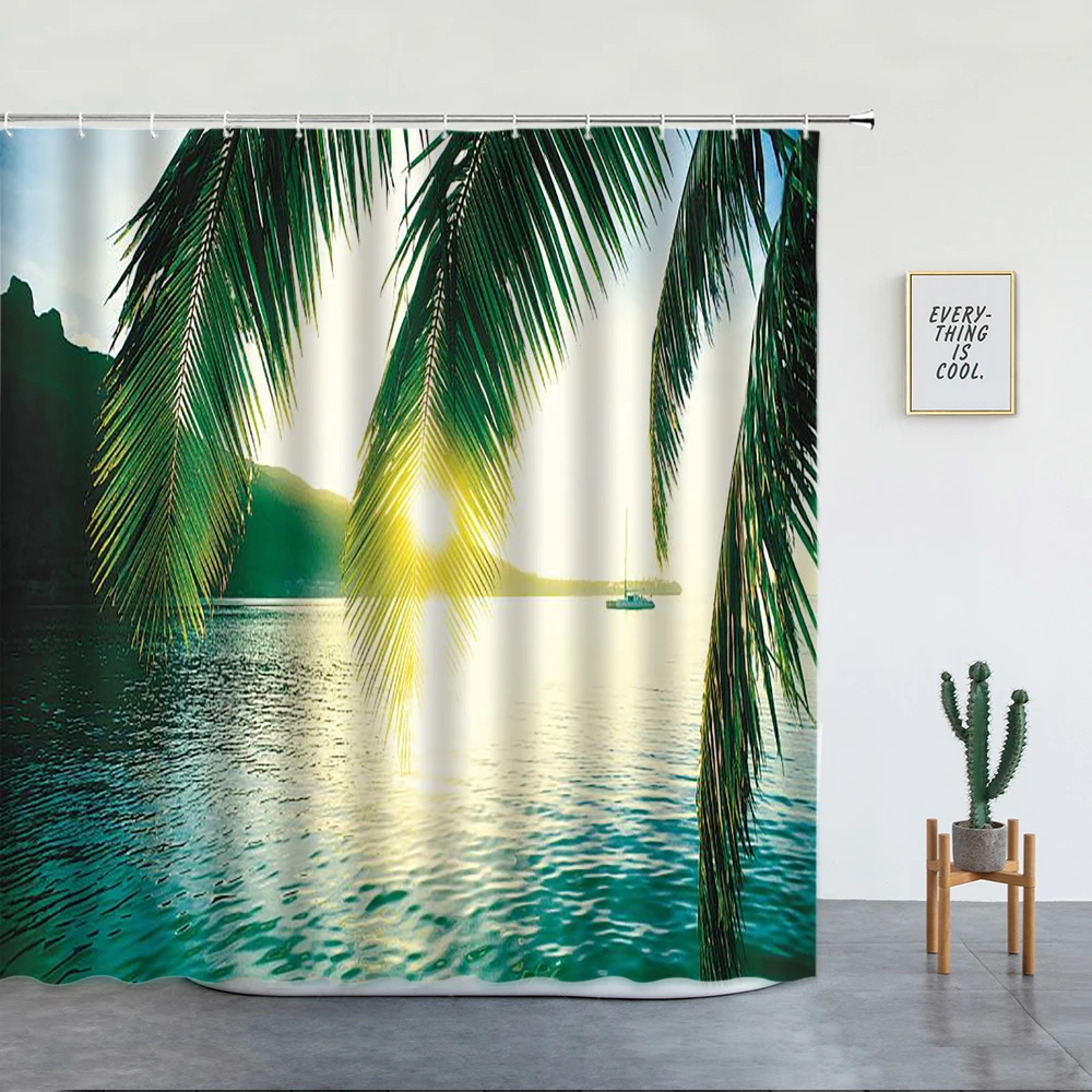 Beach Palm Trees Shower Curtains Sunset Island Hawaii Ocean Natural Landscape Polyester Bathroom Decor Cloth Bathtub Curtain Set