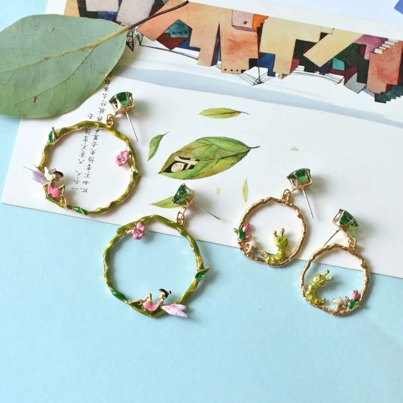 Mori Fairy Caterpillar Wreath Drop Earrings Statement Cute Female Jewelry Insect Flowers Women Earring