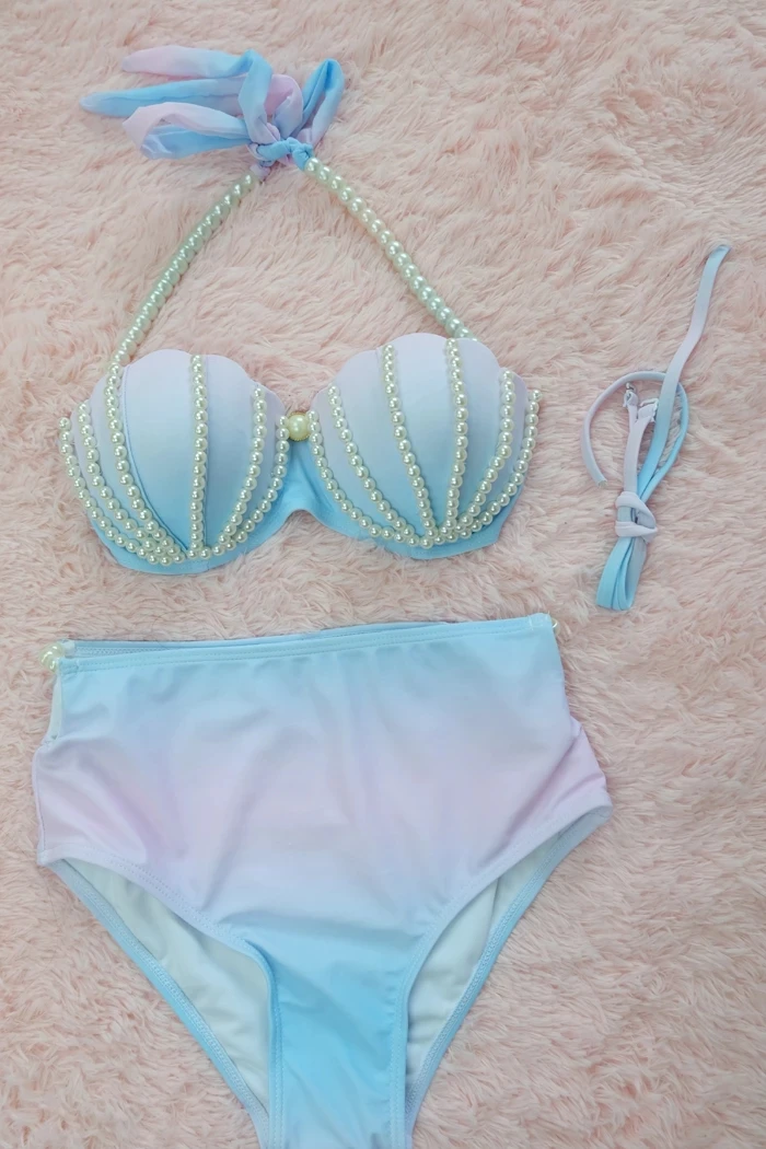 COSLEE [STOCK] Cute Swimsuit Mermaid Bikini Swimwear Gradient Shell Bra Pearl Decoration Summer Lolita Sweet Clothing