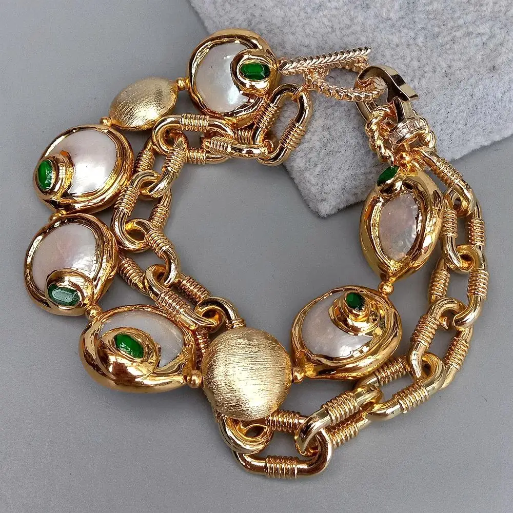 KKGEM  Necklace Gold Plated Chain  White Coin Freshwater Pearl With Electroplated Edge Cubic Zirconia Pave Beads Choker bracelet