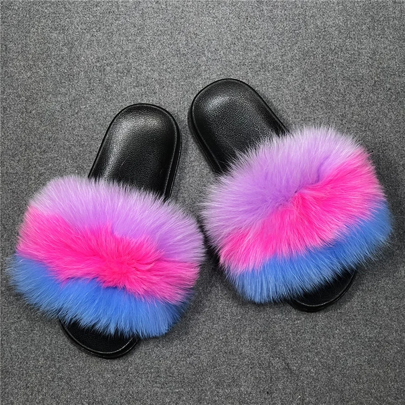 Fur Slides For Women Real Fox Fur Slippers Cute Fluffy Raccoon Fur Sandals Indoor Flat Big Fur Slides Ladies Luxury Flip Flops